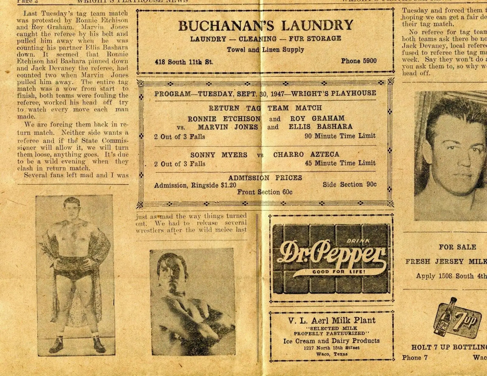 Vintage wrestling advertisement for Tag Team 1947 with Dr Pepper and 7Up promotions