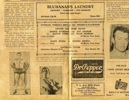 Vintage wrestling advertisement for Tag Team 1947 with Dr Pepper and 7Up promotions