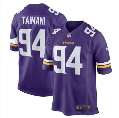 Two purple Taki Taimani Minnesota Vikings Nike Game Jerseys with number 94