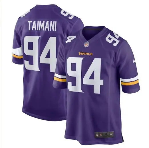 Two purple Taki Taimani Minnesota Vikings Nike Game Jerseys with number 94