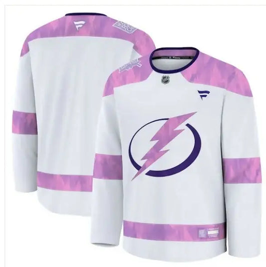 White Tampa Bay Lightning 2024 hockey practice jersey with purple pink accents and lightning bolt logo