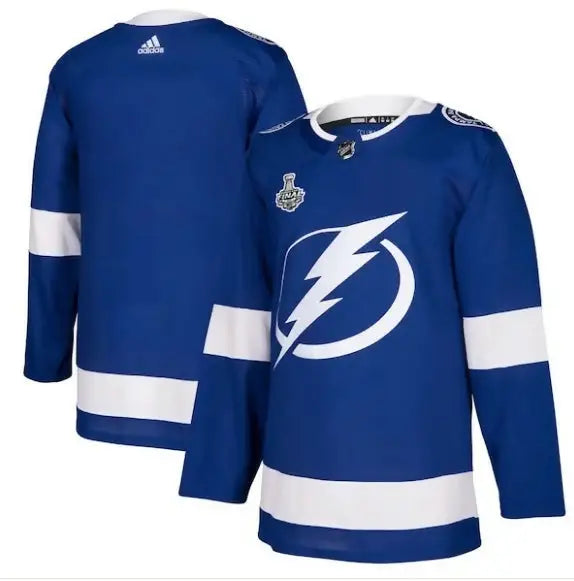 Blue Tampa Bay Lightning hockey jersey with white stripes and lightning bolt logo