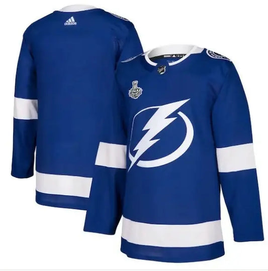 Blue Tampa Bay Lightning hockey jersey with white stripes and lightning bolt logo