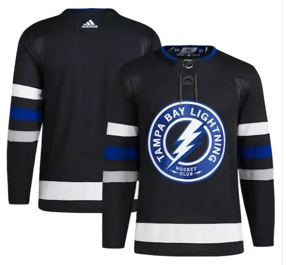 Black Tampa Bay Lightning hockey jersey with blue and white accents and circular logo