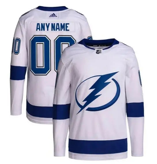 White and blue Tampa Bay Lightning Adidas Away Primegreen Authentic Custom Hockey Jersey with lightning bolt logo