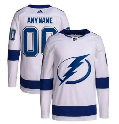 White and blue Tampa Bay Lightning Adidas Away Primegreen Authentic Custom Hockey Jersey with lightning bolt logo