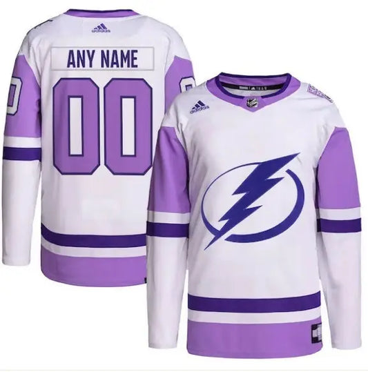 White and purple Tampa Bay Lightning hockey jersey with lightning bolt logo and customizable name and number