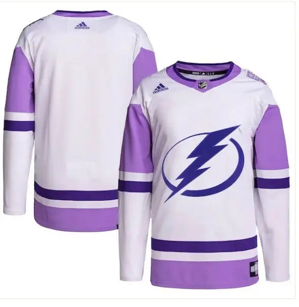 White and purple Tampa Bay Lightning hockey practice jersey with lightning bolt logo