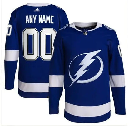 Royal blue Tampa Bay Lightning adidas home hockey jersey with white lightning bolt logo
