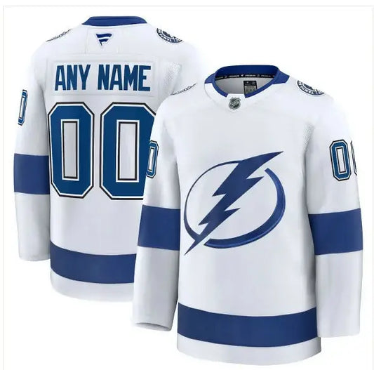 White Tampa Bay Lightning alternate premium custom hockey jersey with blue accents and lightning bolt logo