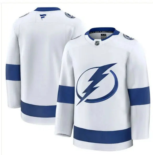 White Tampa Bay Lightning long-sleeved hockey jersey with blue trim and lightning bolt logo