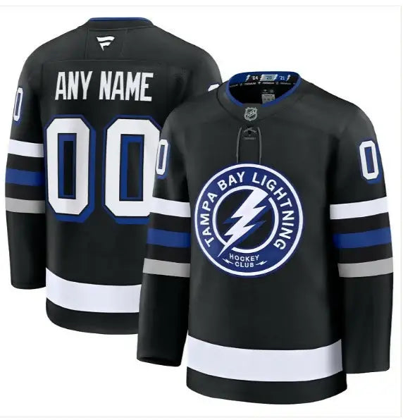 Black Tampa Bay Lightning home premium custom hockey jersey with white, blue, and gray stripes and team logo
