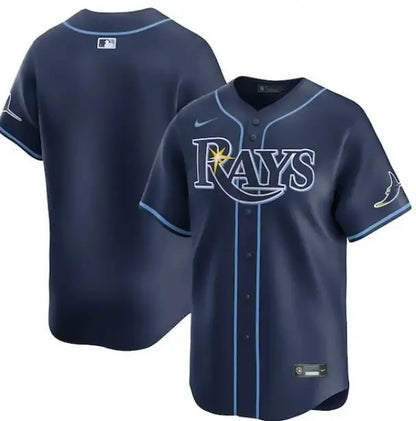 Navy blue Tampa Bay Rays Nike Away Limited baseball jersey on display