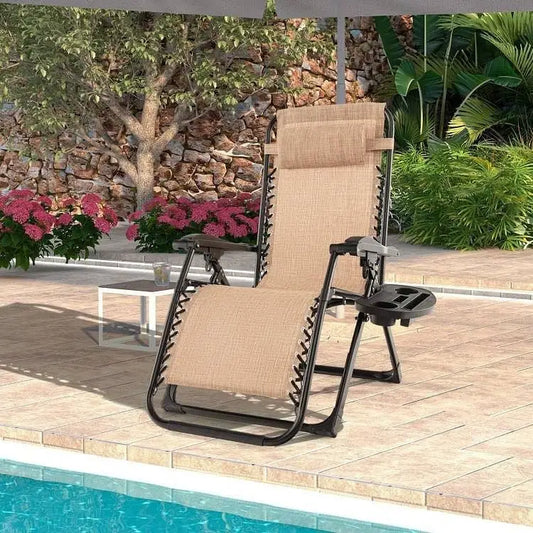 Tan Zero Gravity Adjustable Lounge Chair Removable Cushion Cup Holder Tray - Patio Chairs