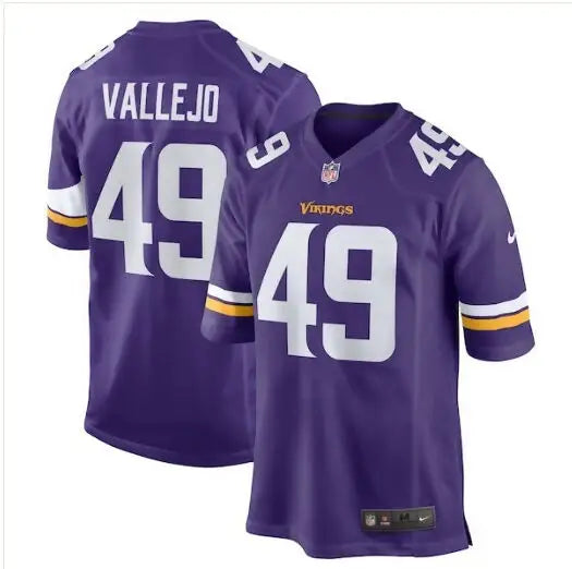 Two purple Minnesota Vikings jerseys with the number 49 for Tanner Vallejo Nike Team Game Jersey