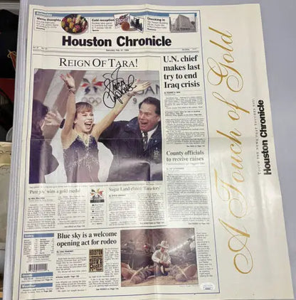 Tara Lipinski signed newspaper poster from the 1998 Olympics Nagano skating gold