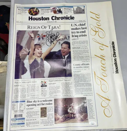 Tara Lipinski Signed Newspaper Poster featuring the Houston Chronicle from Olympics 1998