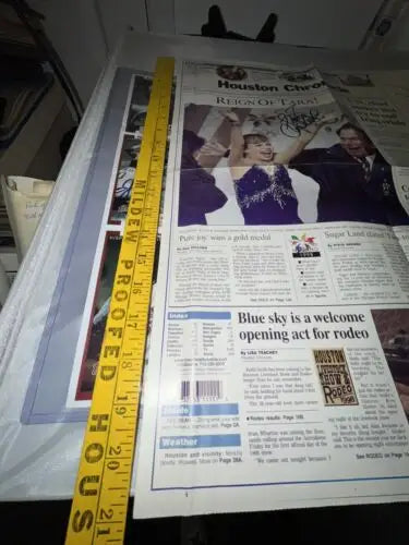 Tara Lipinski signed newspaper poster featuring Houston Chronicle from Nagano 1998 Olympics