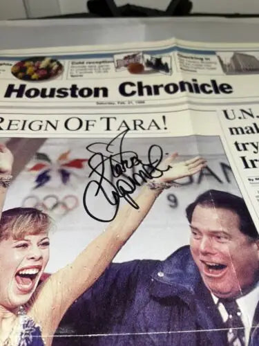 Tara Lipinski signed newspaper poster from Olympics Nagano 1998 featuring her skating gold