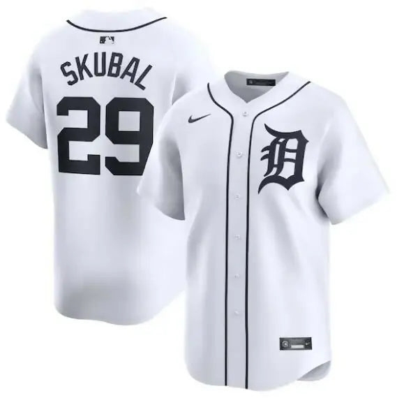 White Detroit Tigers baseball jersey worn by Tarik Skubal for Nike Home Limited Player collection