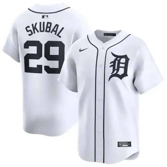 White Detroit Tigers baseball jersey worn by Tarik Skubal for Nike Home Limited Player collection