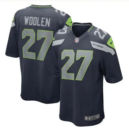 Dark gray Seattle Seahawks Tariq Woolen Nike Game Jersey with green accents