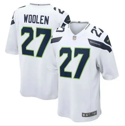 White NFL Seattle Seahawks Tariq Woolen jersey with Woolen 27 name and number