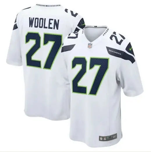 White NFL Seattle Seahawks Tariq Woolen jersey with Woolen 27 name and number
