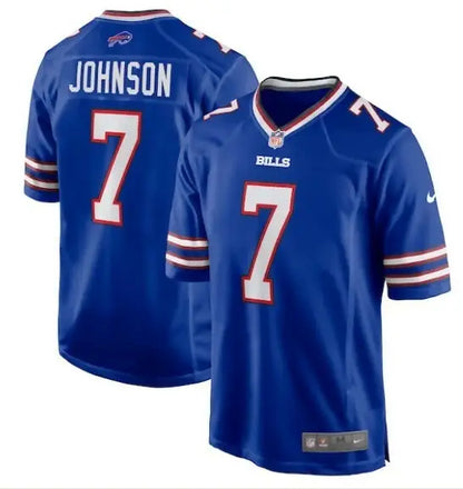 Blue Buffalo Bills Nike Game Jersey with JOHNSON and number 7 on front and back