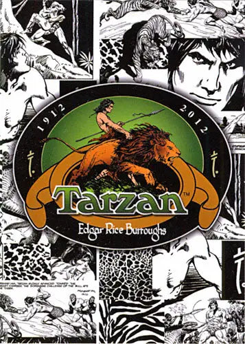 Book cover of Tarzan by Edgar Rice Burroughs on a Tarzan promo card featuring a man riding a lion