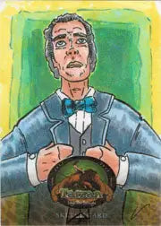 Portrait of a man in blue suit holding turtle on Tarzan sketch card by Eric White