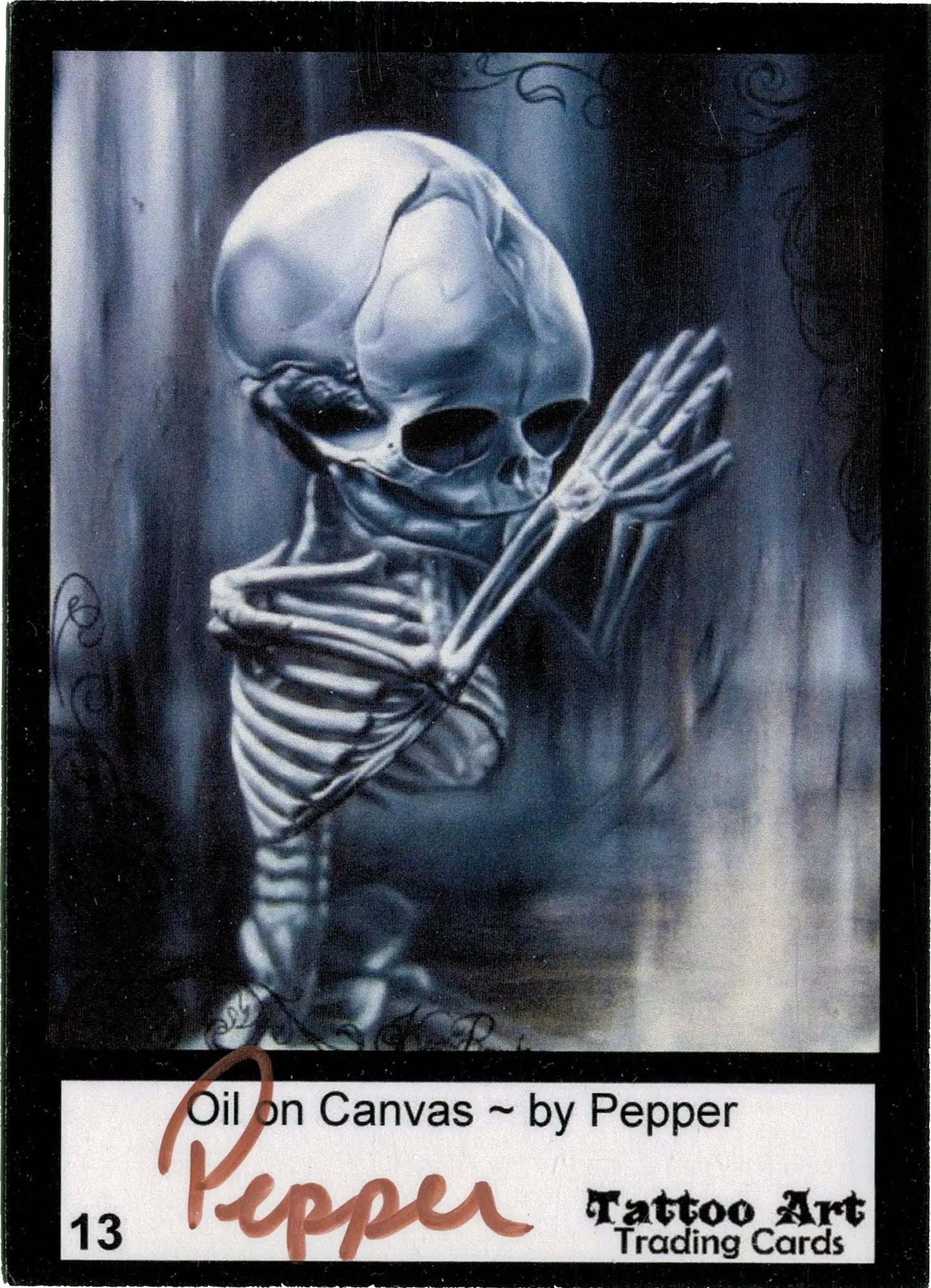 Skeletal figure with oversized skull on Tattoo Art Autograph Card signed by Pepper