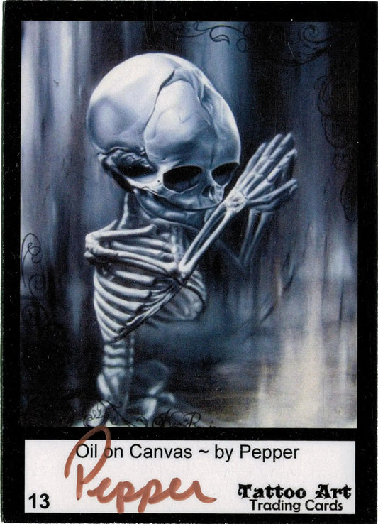 Skeletal figure with oversized skull on Tattoo Art Autograph Card signed by Pepper