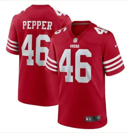 Red San Francisco 49ers Nike Game Jersey with PEPPER 46 name and number in white