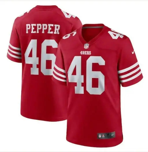 Red San Francisco 49ers Nike Game Jersey with PEPPER 46 name and number in white