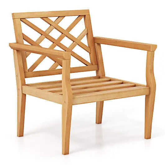 Teak Wood Slatted Patio Chair Armchair with Cozy Backrest and Armrests - Color:Natural - Patio Dining Chairs