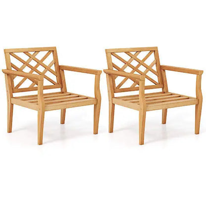 Teak Wood Slatted Patio Chair Armchair with Cozy Backrest and Armrests - Color:Natural - Patio Dining Chairs