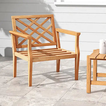 Teak Wood Slatted Patio Chair Armchair with Cozy Backrest and Armrests - Color:Natural - Patio Dining Chairs