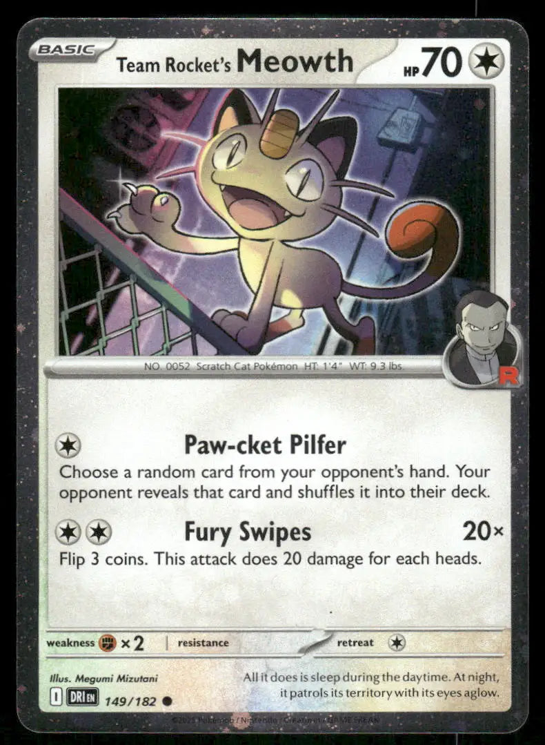 Pokemon trading card featuring Team Rocket’s Meowth from the 2023 Pokemon 151 set