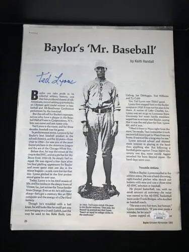 Signed Baylor Mr Baseball Bears Magazine Article featuring Ted Lyons Auto and JSA 1983
