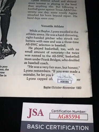Autographed book page from Ted Lyons Auto Baylor Bears Magazine Article JSA 1983 Keith Randall