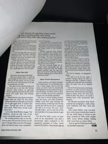 Printed magazine page featuring the Baseball Bears Magazine article on Ted Lyons Auto Baylor