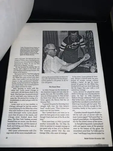 Monochrome baseball memorabilia page featuring Ted Lyons Auto Baylor Bears magazine article