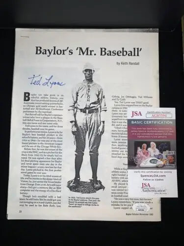 Signed Baylor baseball Bears magazine article with JSA authentication by Ted Lyons