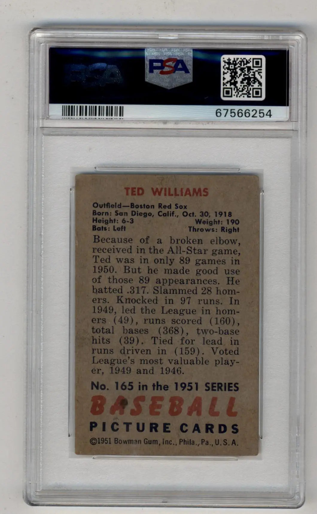 Ted Williams 1951 Bowman #165 PSA 2 Good 6254 - Singles