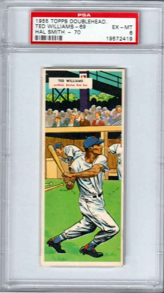 Graded 1955 Topps Ted Williams Double Headers baseball card displayed in a PSA 6 display