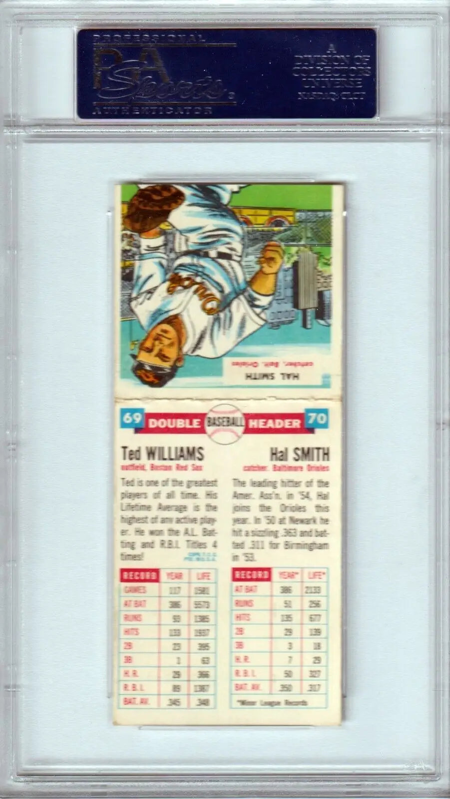 Encased vintage Ted Williams Topps Double Headers baseball card featuring Hal Smith PSA 6