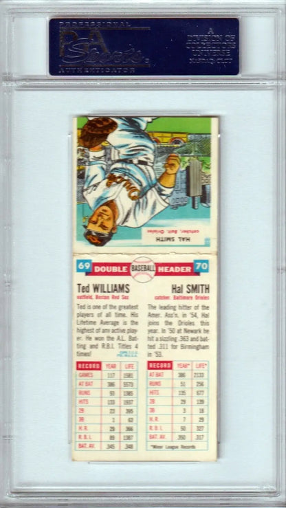 Encased vintage Ted Williams Topps Double Headers baseball card featuring Hal Smith PSA 6