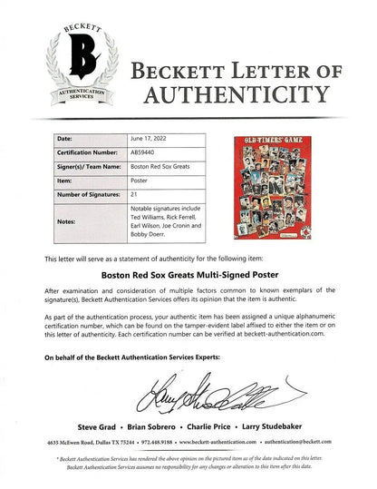 Beckett letter of authenticity for Ted Williams Boston Red Sox signed poster 25 autos