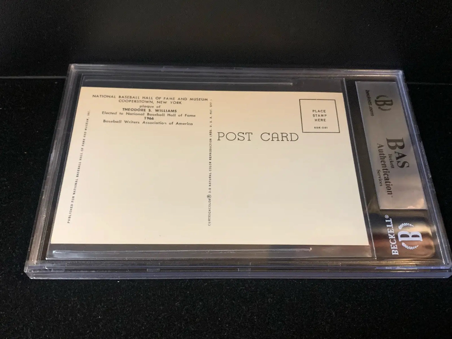 Encased Ted Williams Signed Yellow HOF Postcard with BAS Authentication Label for Red Sox fans